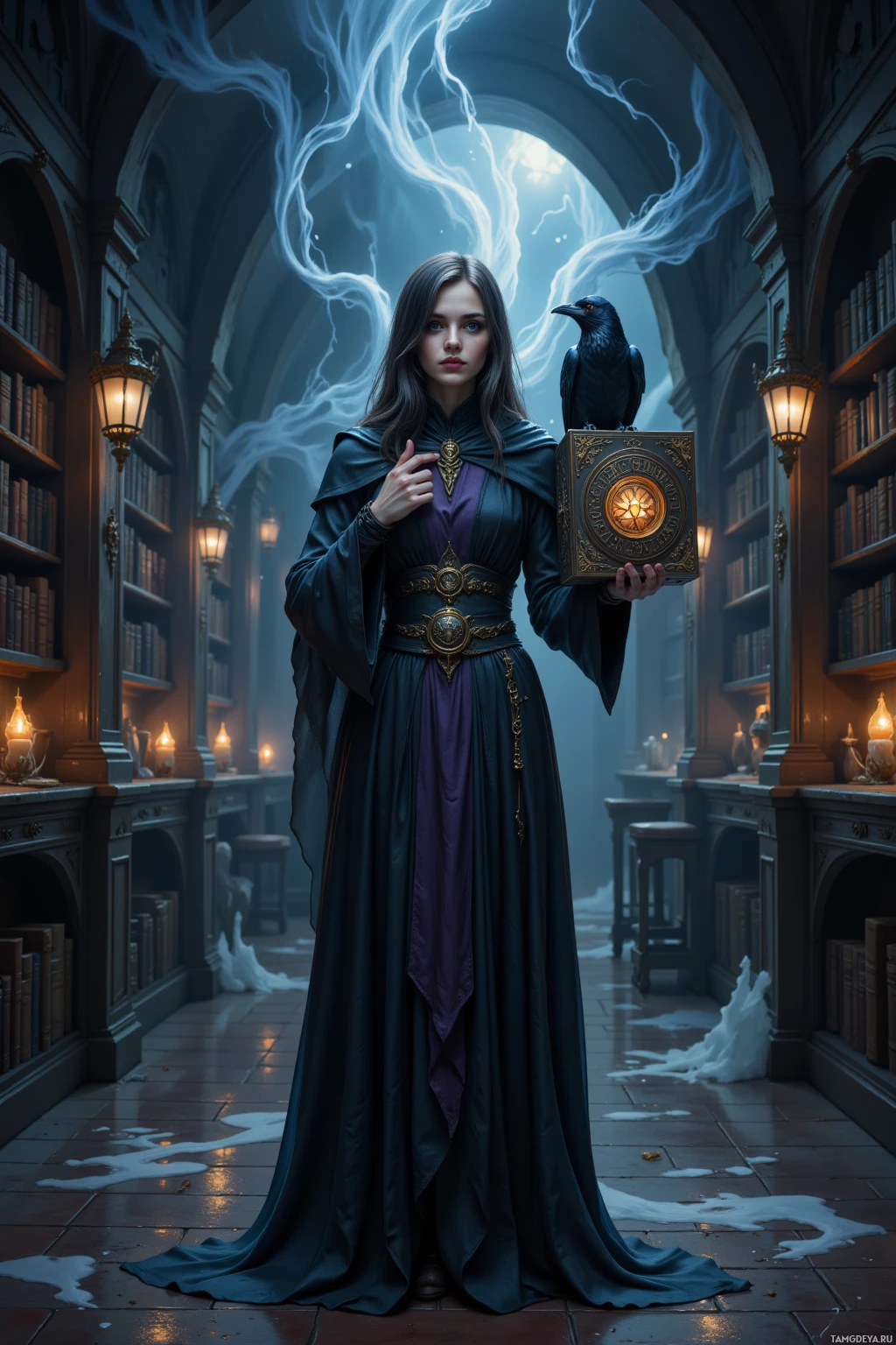 A woman in a dark, regal gown stands in a library, holding a glowing box with a crow perched on it.