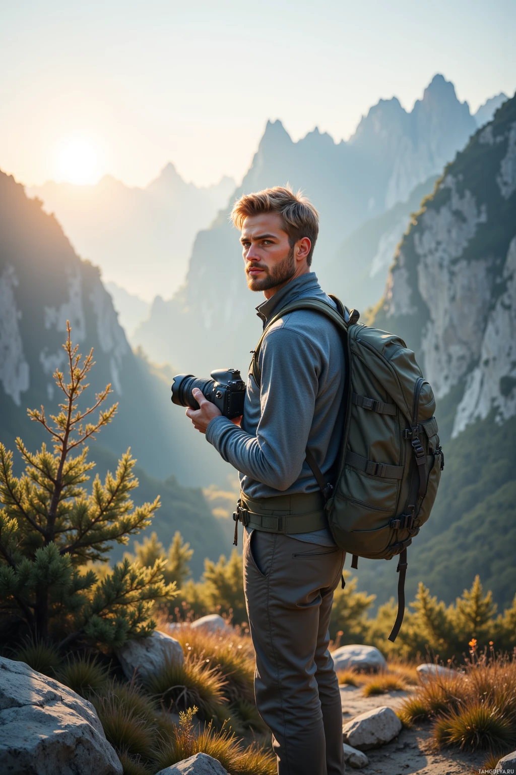 A man with a backpack and camera stands on a mountain trail, gazing at the scenic view.