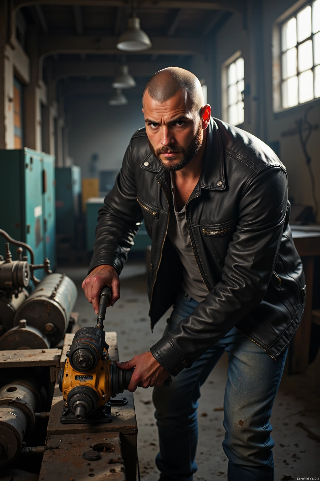 A man in a leather jacket works with a power tool in a dimly lit industrial setting.