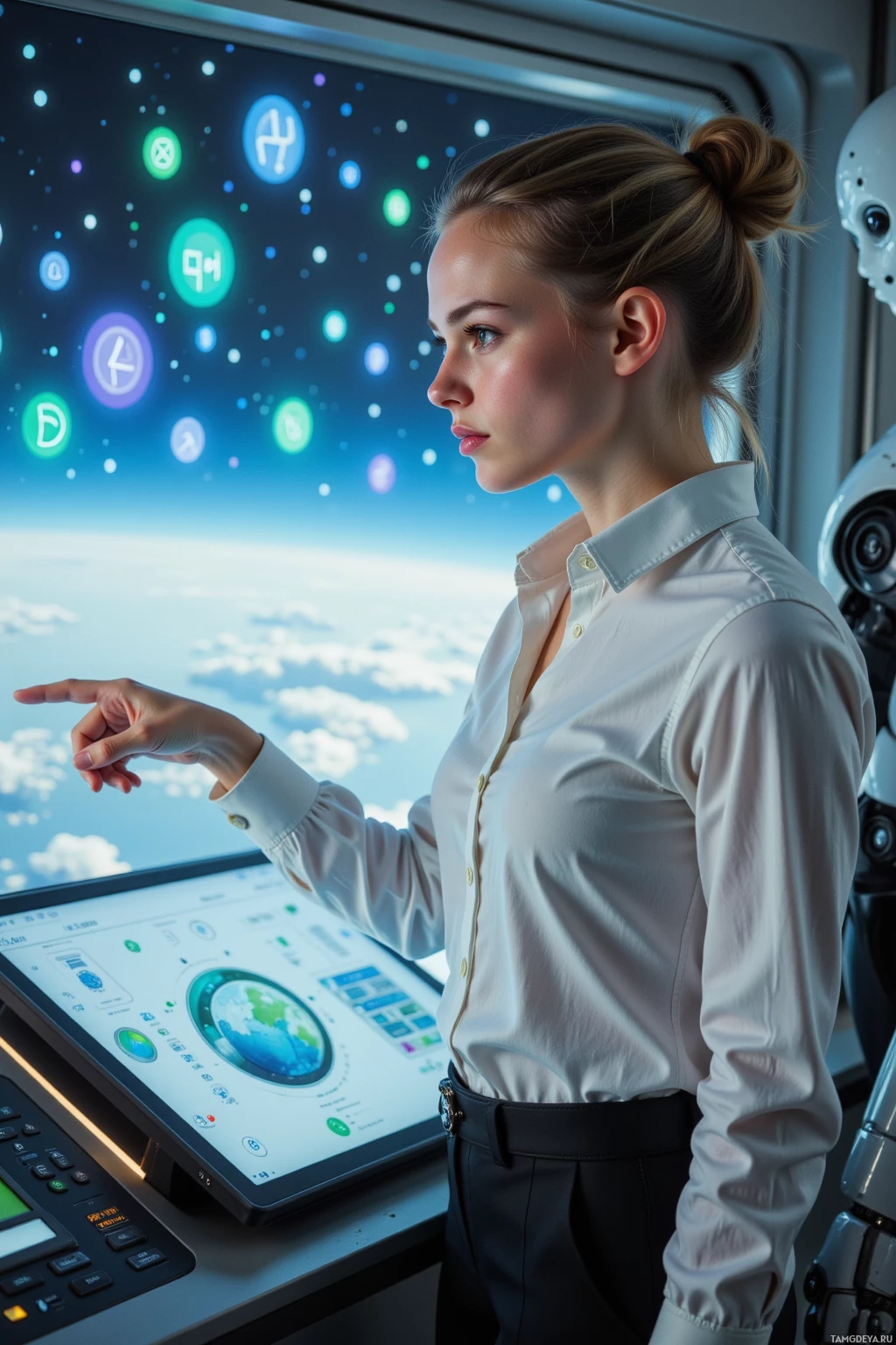 A woman in a white shirt interacts with a futuristic interface displaying various symbols and a globe.