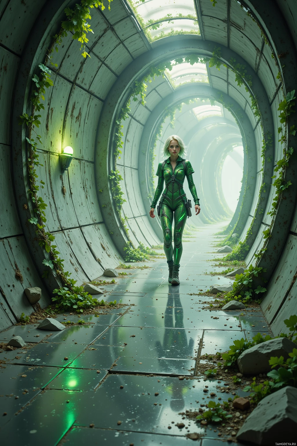 A woman in a green suit walks through a tunnel overgrown with plants.