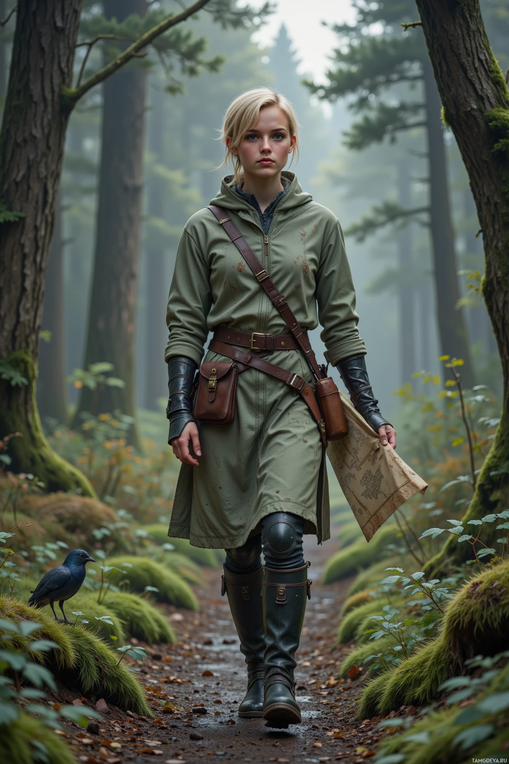 A person in a forested area wearing a green jacket and boots, holding a map, with a bird nearby.