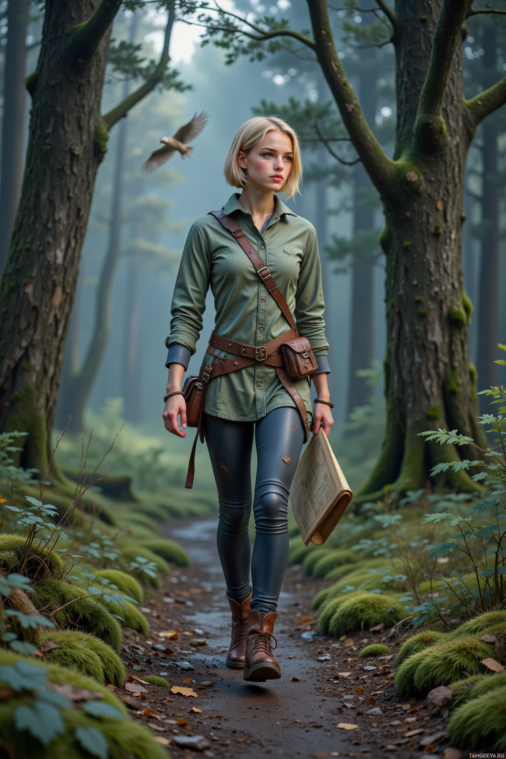 A woman walks through a forest path, carrying a book and a bag, surrounded by lush greenery.