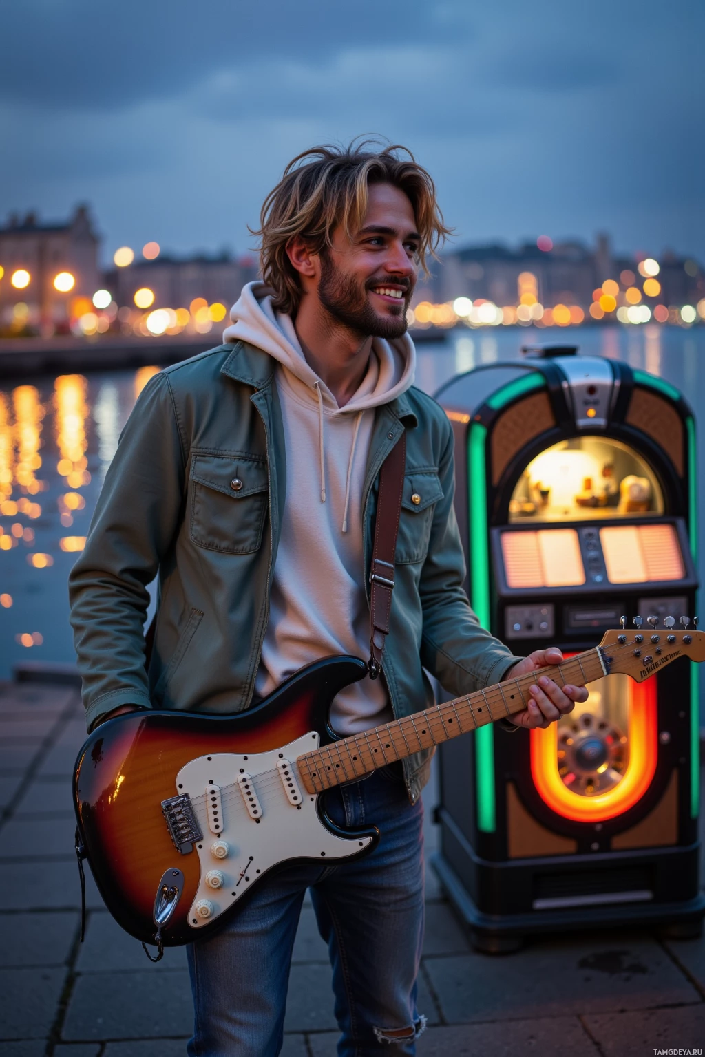 A man stands by a waterfront holding a guitar, with a jukebox and city lights in the background.