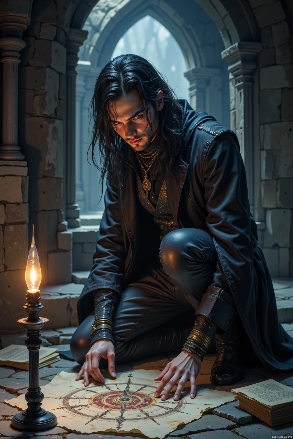 A man in a dark outfit kneels beside a lit candle, examining a compass on the ground.