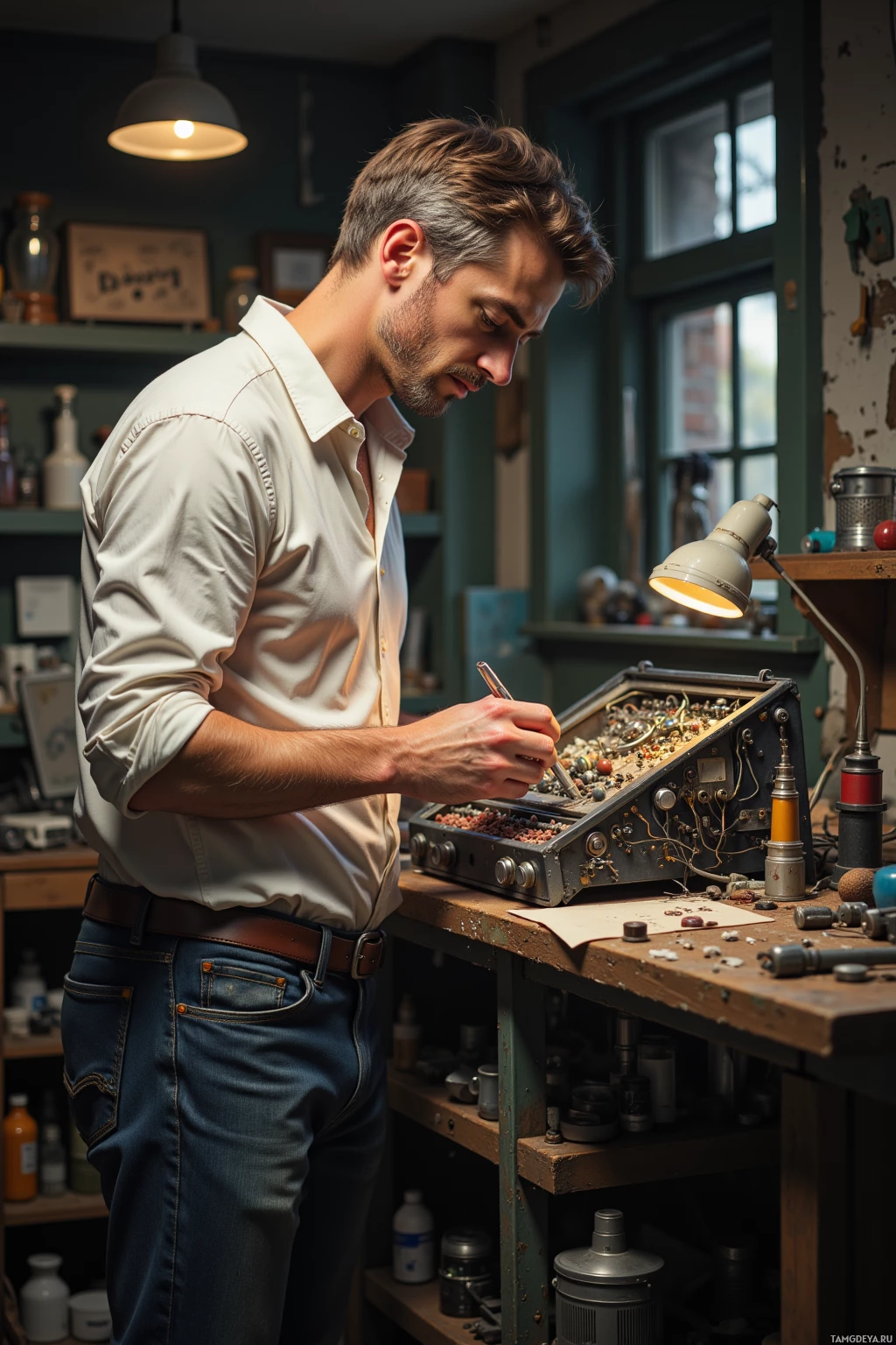 A man in a workshop is working on a device with a pen.