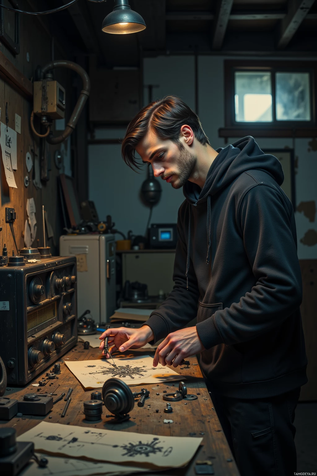 A man in a hoodie works on a mechanical drawing in a workshop.