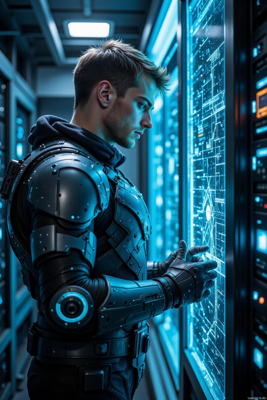 A person in futuristic armor interacts with a high-tech interface in a dimly lit environment.