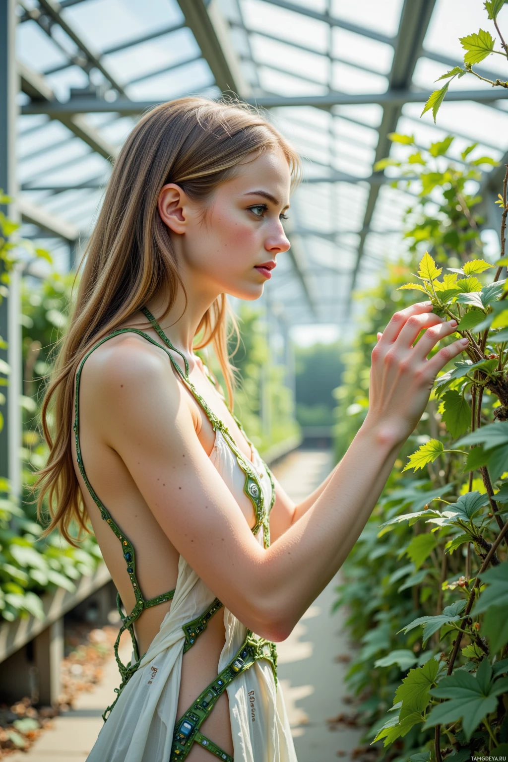 A woman in a green and white dress stands in a greenhouse, touching a plant.