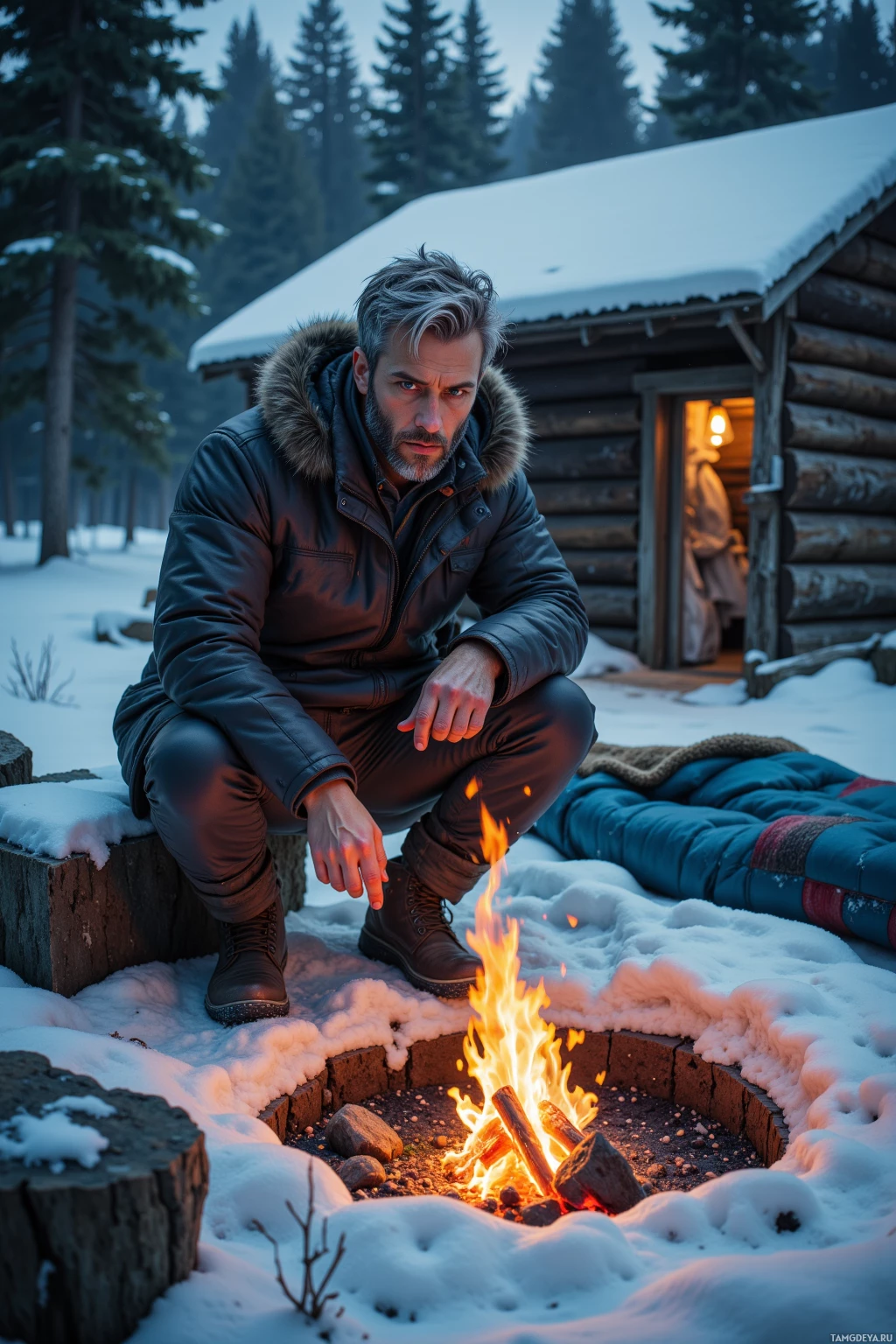 A man in winter clothing sits near a campfire outside a snow-covered cabin.
