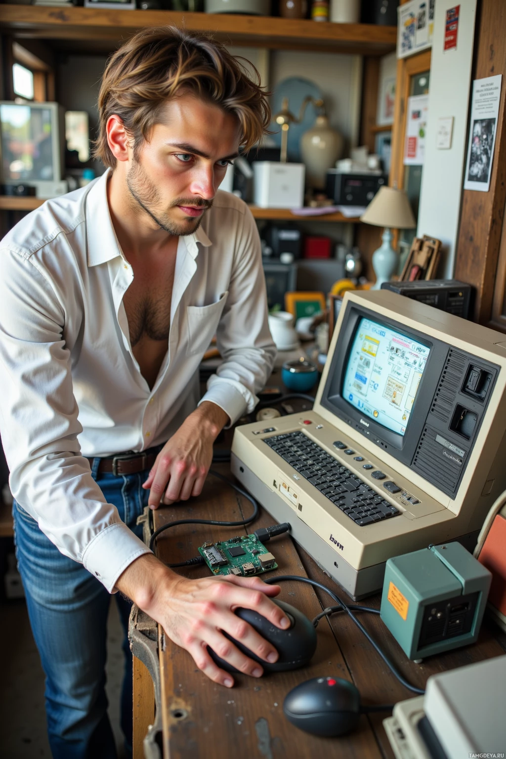 A man leans over a vintage computer, working on a small circuit board.