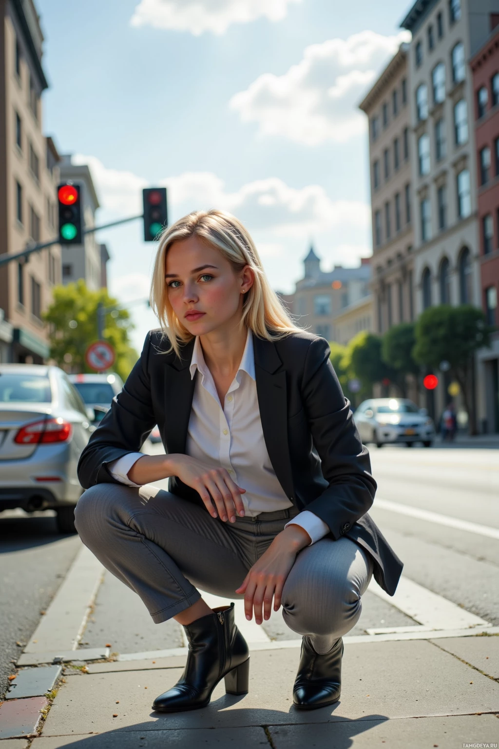 A woman in a business suit crouches on a city sidewalk under a sunny sky.