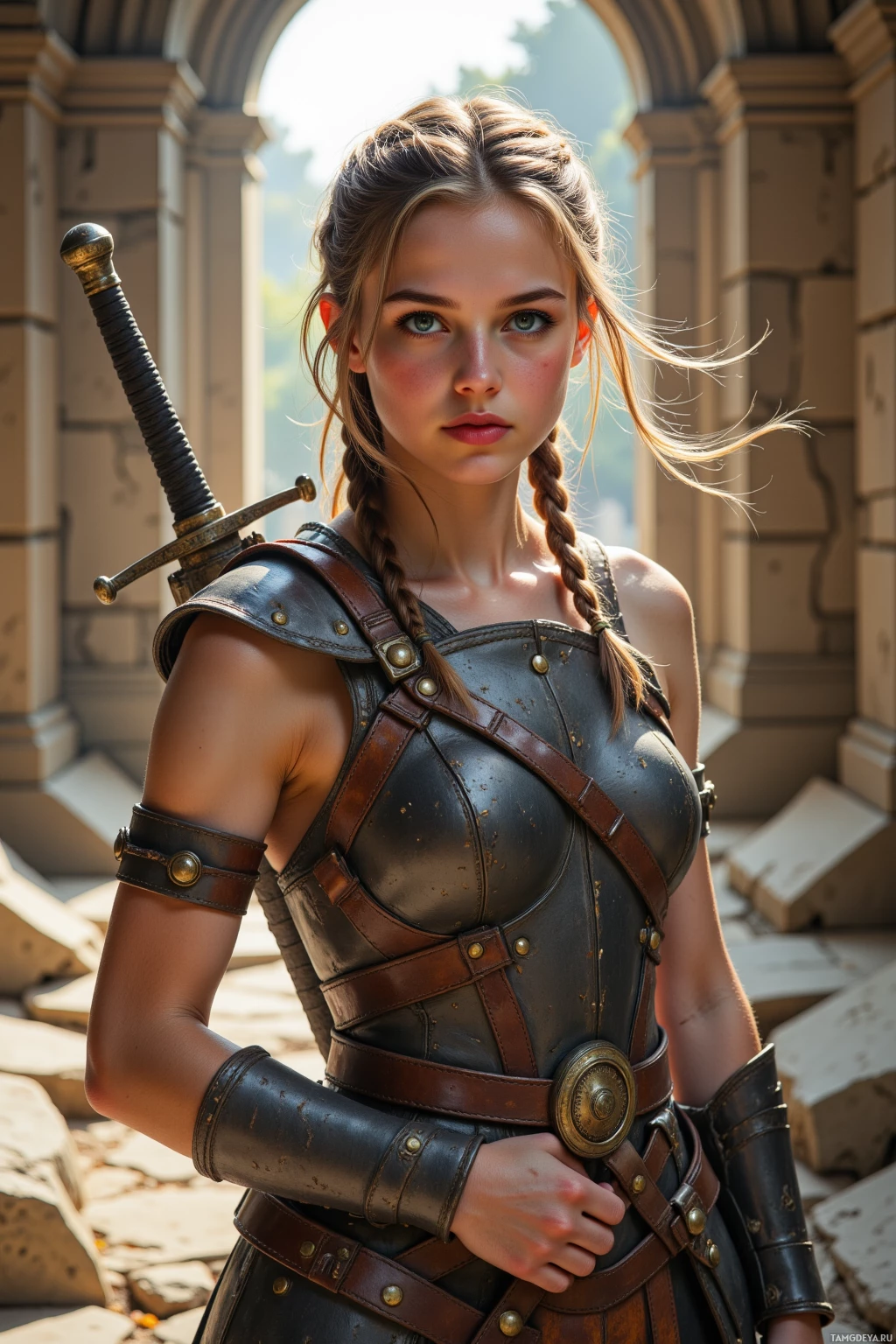 A woman in leather armor stands in a sunlit, ancient-looking corridor.