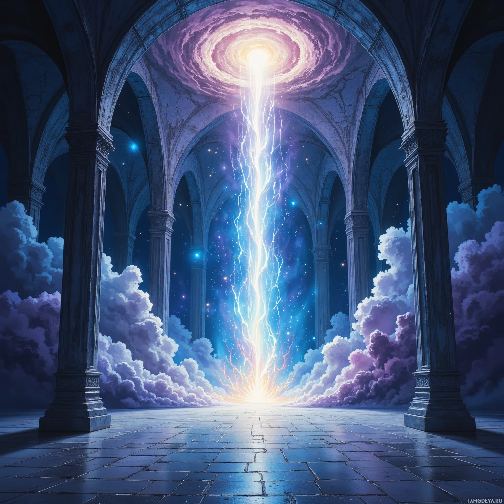 A grand, ancient hall with columns and a glowing, cosmic portal at the center.