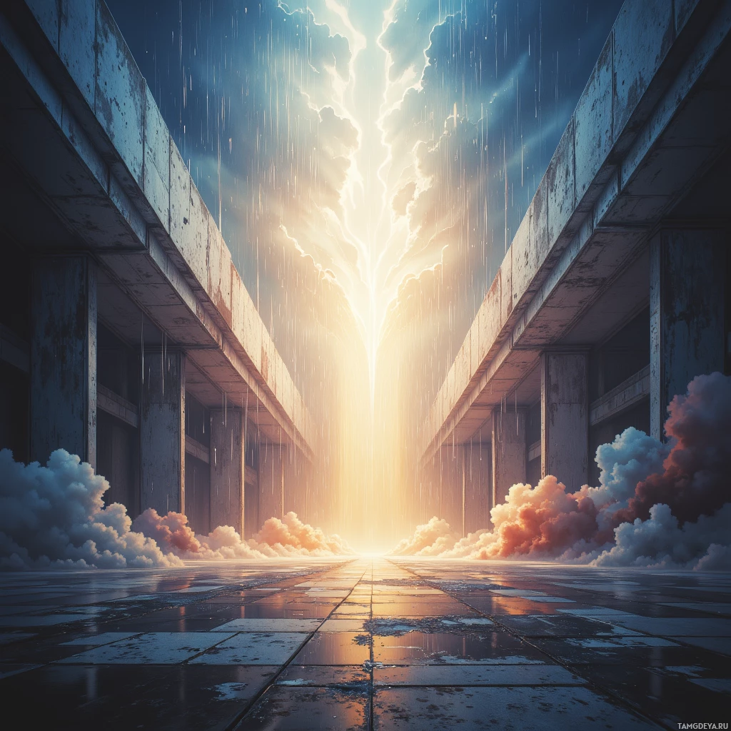 A dramatic scene of a bright light splitting the sky, with rain falling and clouds forming on a wet, reflective surface between two large structures.