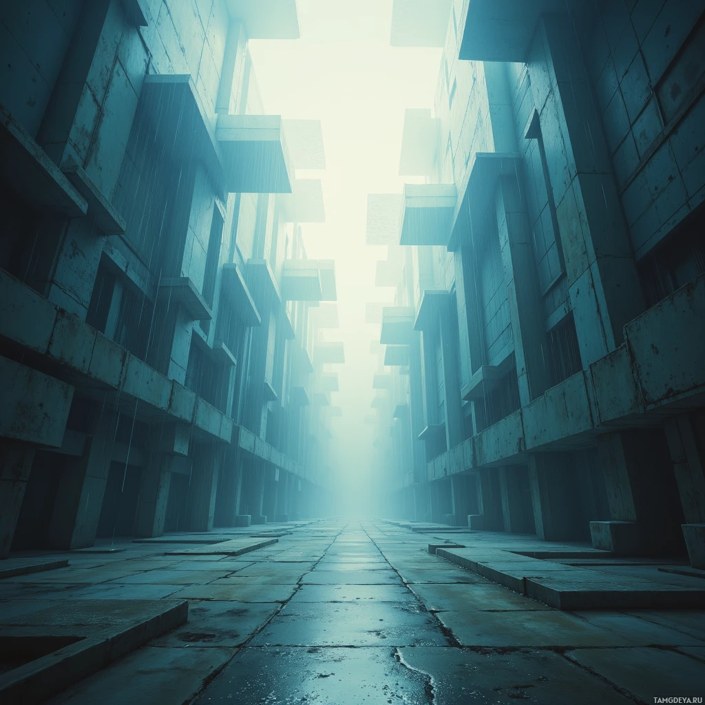 A foggy, desolate alleyway with tall, weathered buildings on either side.