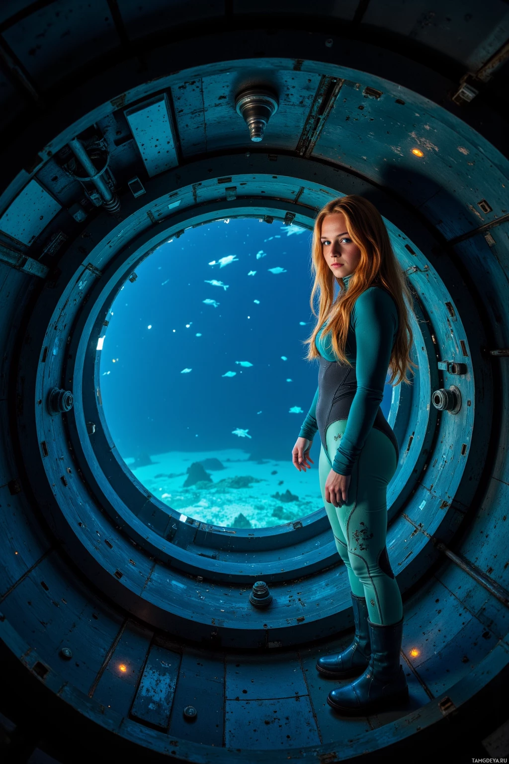 A person stands in front of a circular porthole window looking out at an underwater scene with fish swimming by.