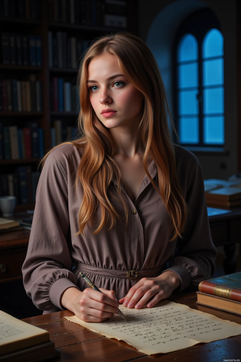 A person is sitting at a desk in a library, writing in a notebook with a quill pen.