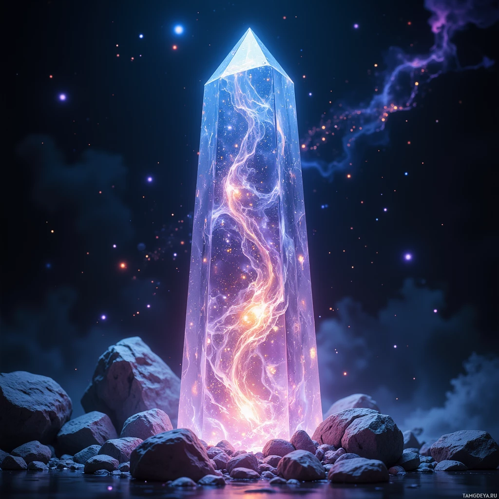 A glowing crystal obelisk with cosmic energy and stars in the background.