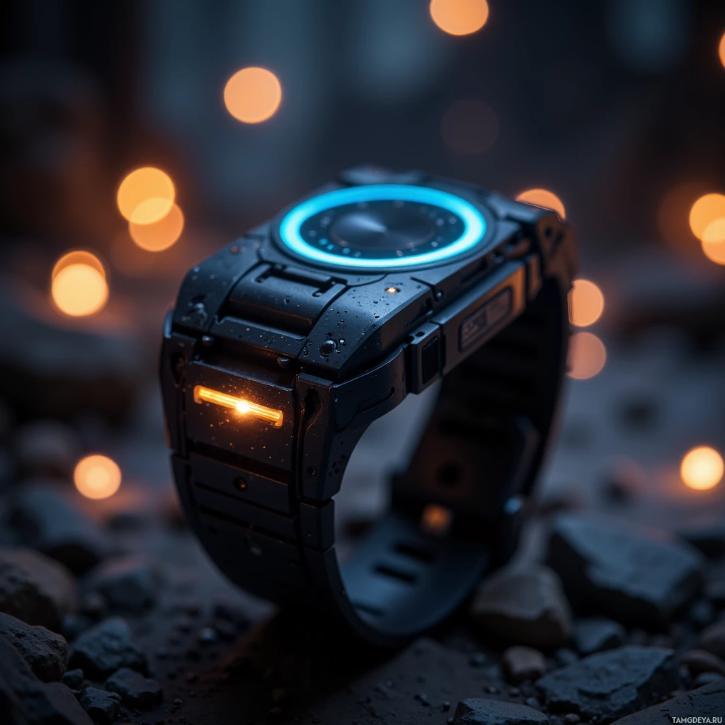 A futuristic wristwatch with glowing blue and orange lights rests on rocky terrain.