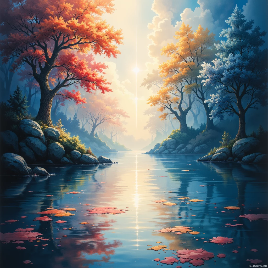 A serene landscape with colorful trees reflecting on a calm body of water under a bright sky.