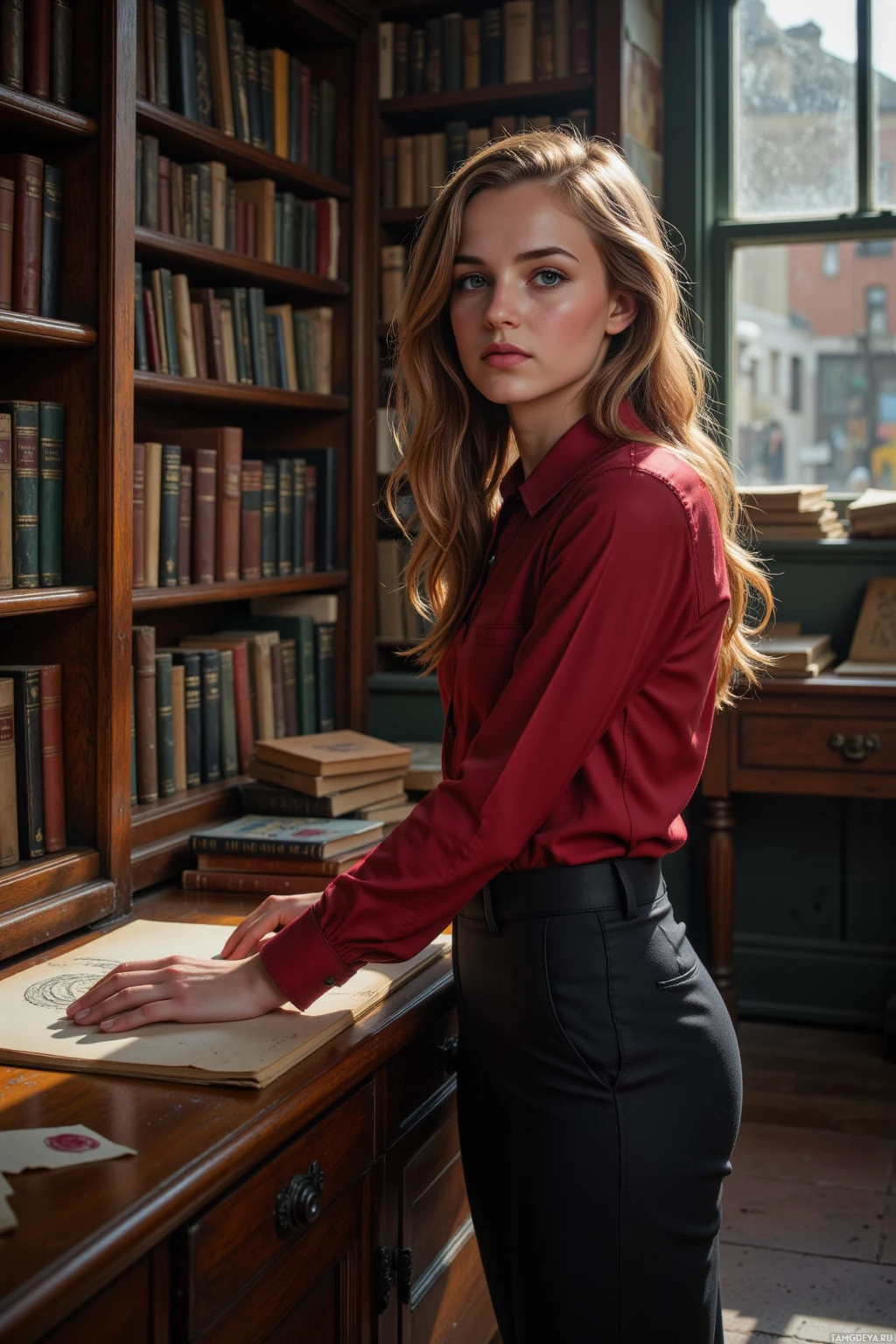 A person in a red shirt and black skirt stands in a library with bookshelves and a window.