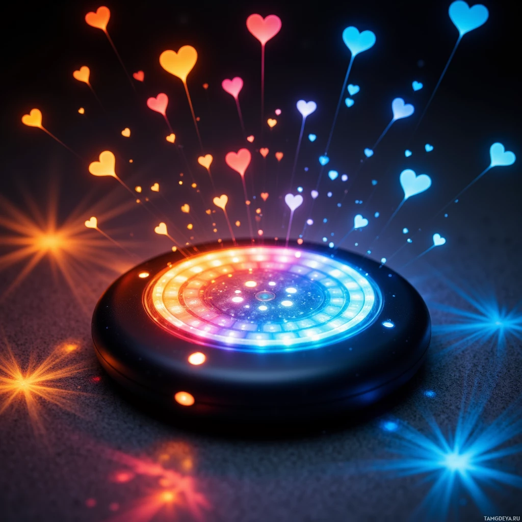 A glowing, colorful circular object emits heart-shaped lights in various colors.