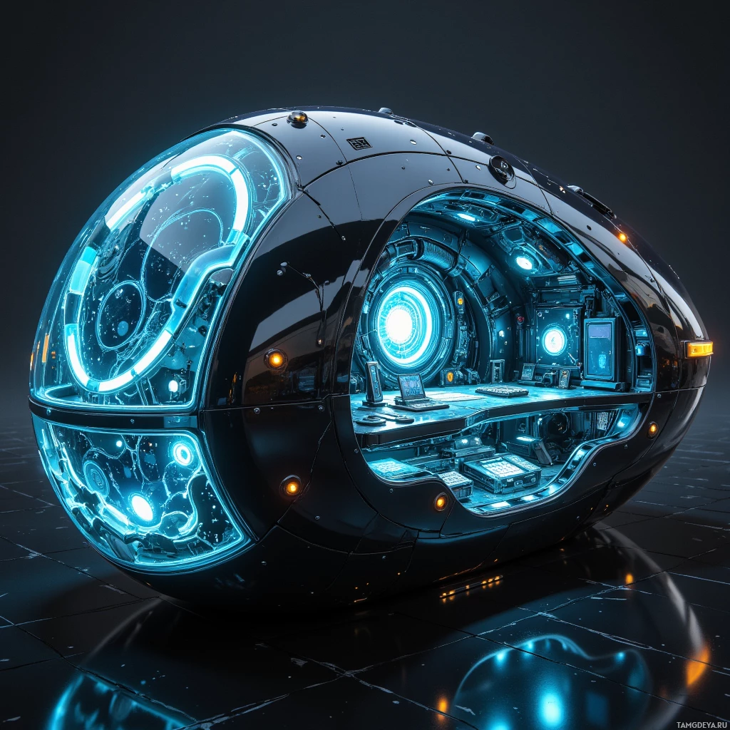 A futuristic, spherical vehicle with glowing blue and orange lights inside is displayed on a reflective surface.