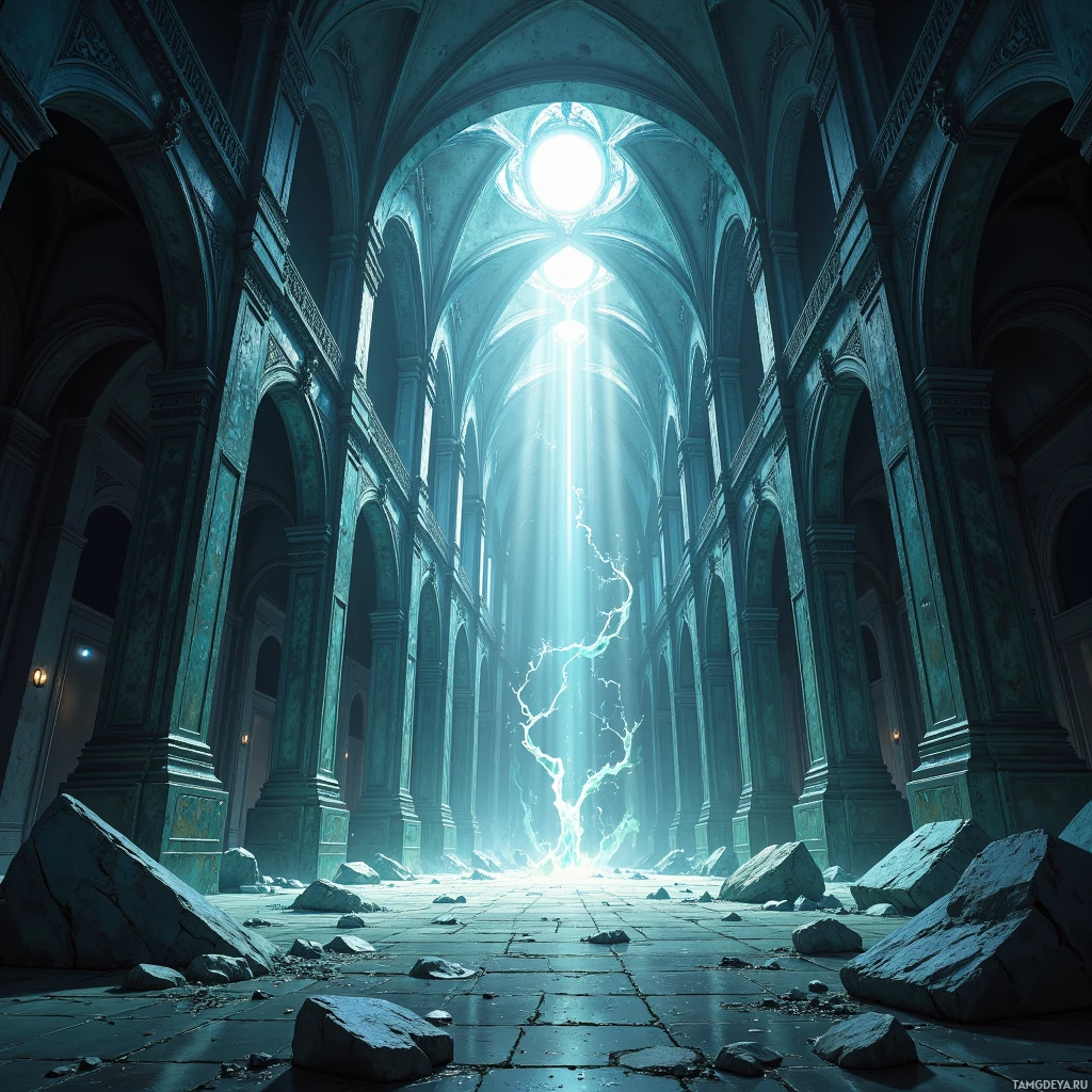 A grand hall with broken stone and light streaming through an arched ceiling.