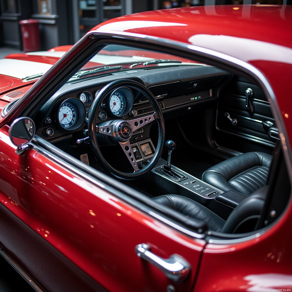 A close-up view of a classic red car's interior, showcasing the steering wheel, dashboard, and seats.