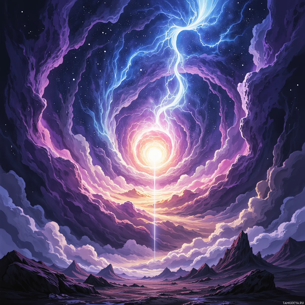 A vibrant cosmic scene with swirling clouds and a bright light source at the center.