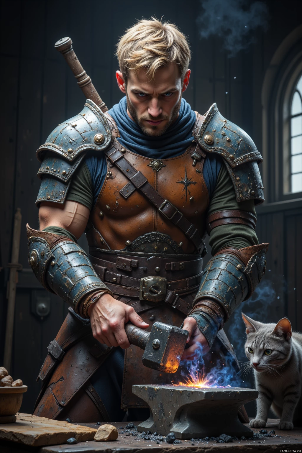 A person in medieval armor is forging metal with a hammer and anvil while a cat watches nearby.