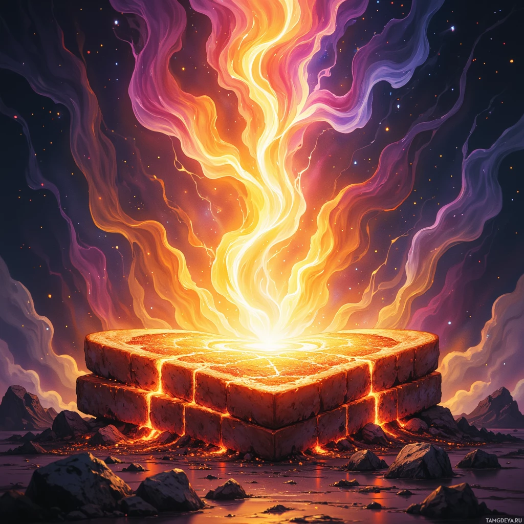 A glowing, fiery portal emitting vibrant colors and energy stands on rocky terrain under a starry sky.