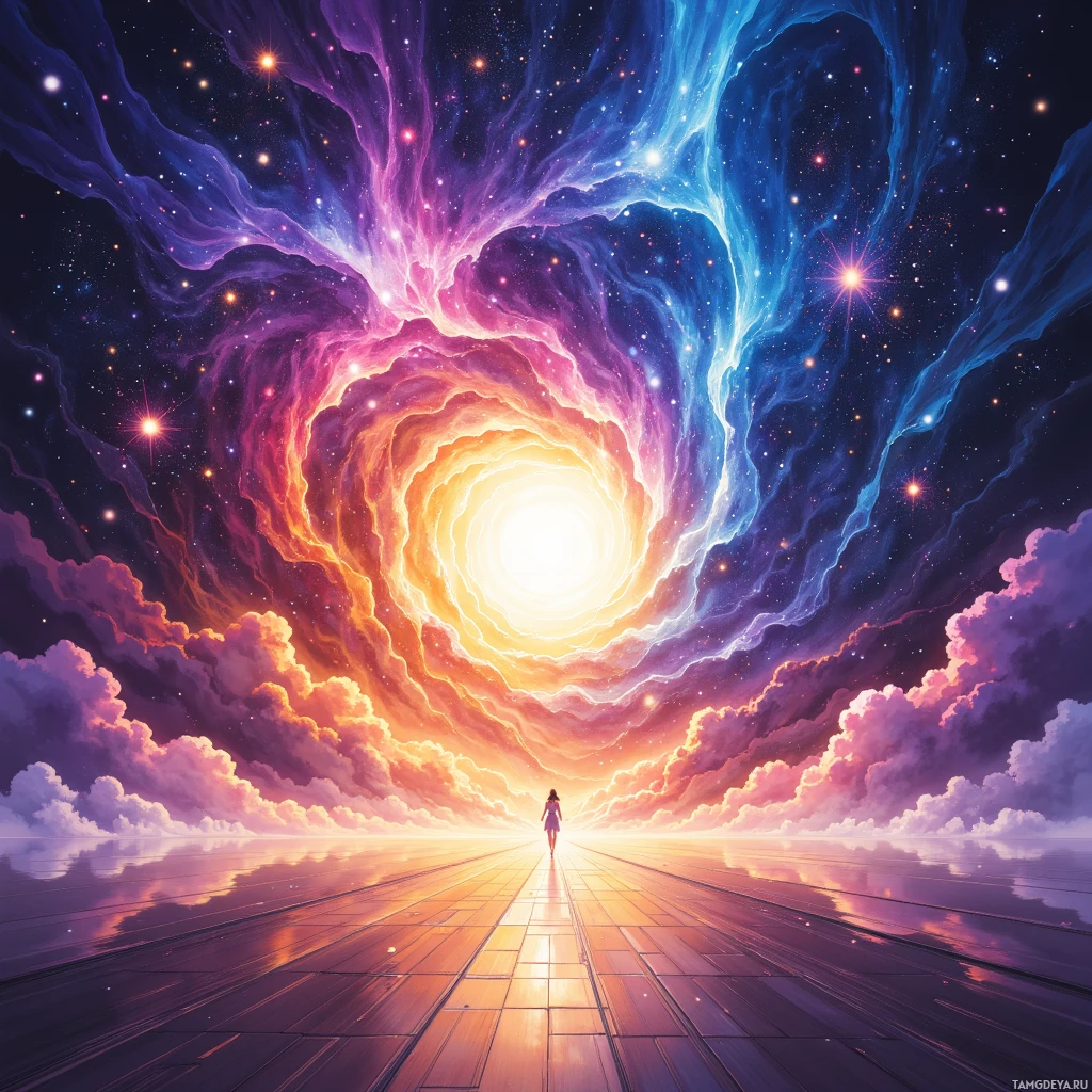 A person walks towards a bright, glowing portal in a colorful, cosmic sky.