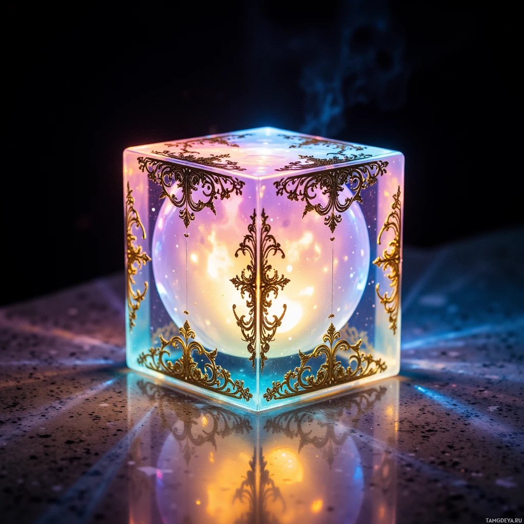 A glowing cube with intricate golden designs encasing a luminous sphere sits on a reflective surface against a dark background.