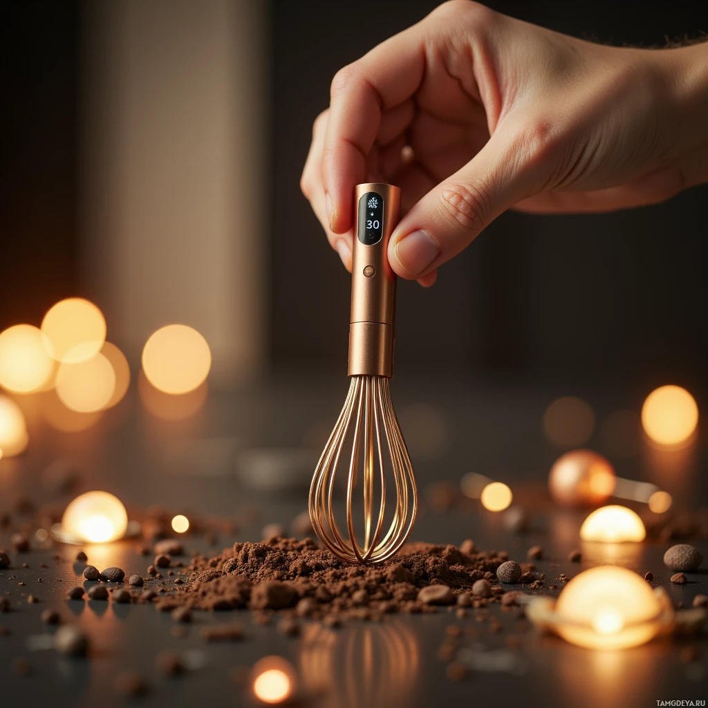 A hand holds a small, gold-toned whisk over a pile of cocoa powder with warm, bokeh lights in the background.