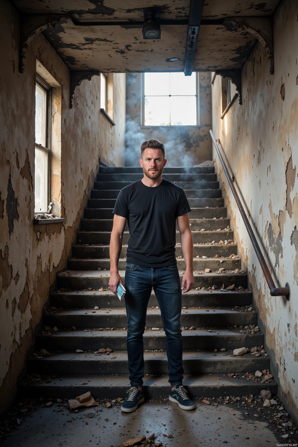 A person stands in a dilapidated hallway holding a book, with a staircase and broken walls in the background.