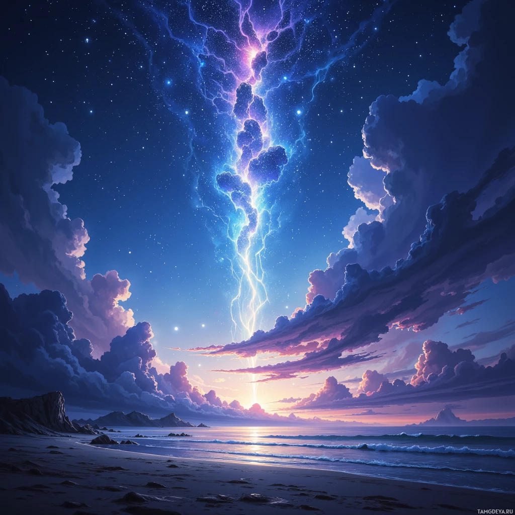A dramatic night sky with lightning striking down over a serene beach and ocean.