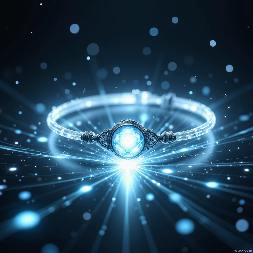 A glowing, radiant bracelet with a central gem emitting light against a dark, starry background.