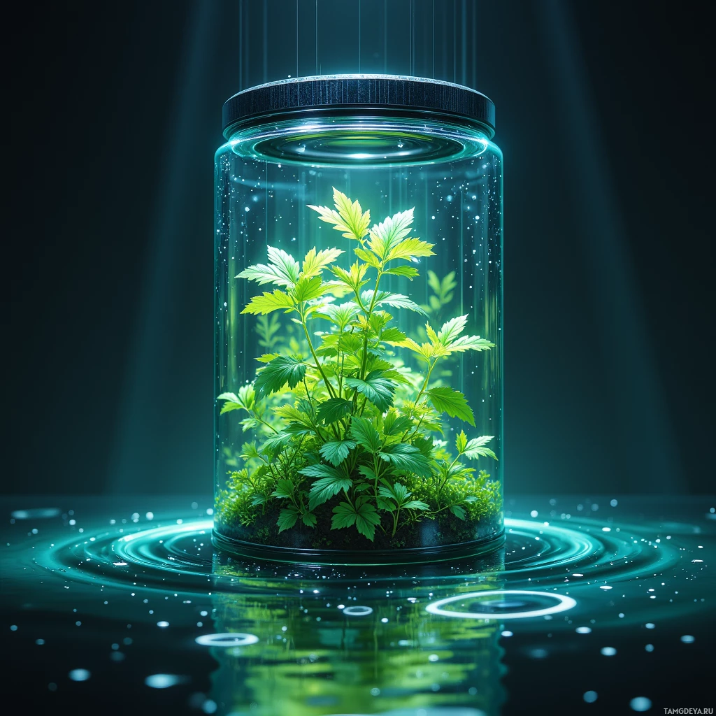 A glass jar containing a lush green plant is illuminated by light from above and reflected on a dark surface below.