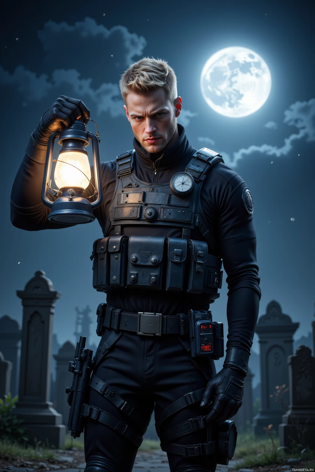 A person in tactical gear holding a lantern stands in a cemetery under a full moon.
