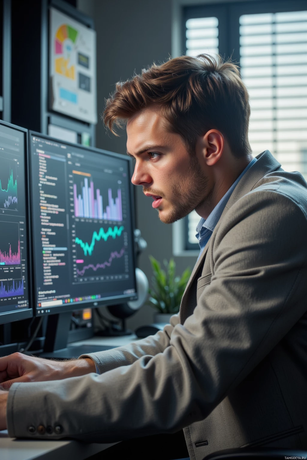 A man in a suit is working at a desk with multiple computer monitors displaying data and graphs.