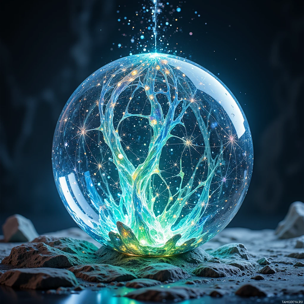 A glowing, ethereal tree inside a glass sphere on rocky terrain.