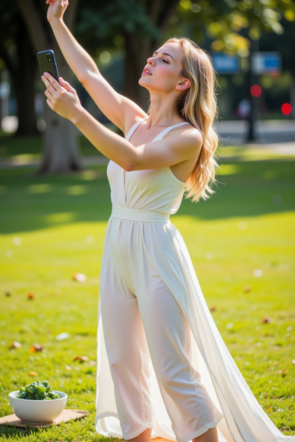 A woman in a white jumpsuit takes a selfie on a sunny day in a park.