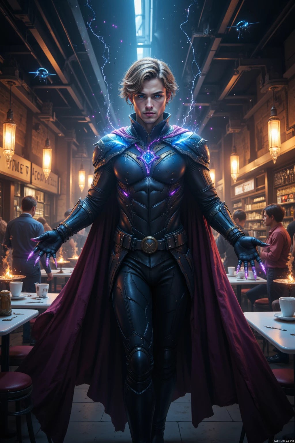 A character in a futuristic, armored suit with glowing purple accents stands in a dimly lit alleyway.