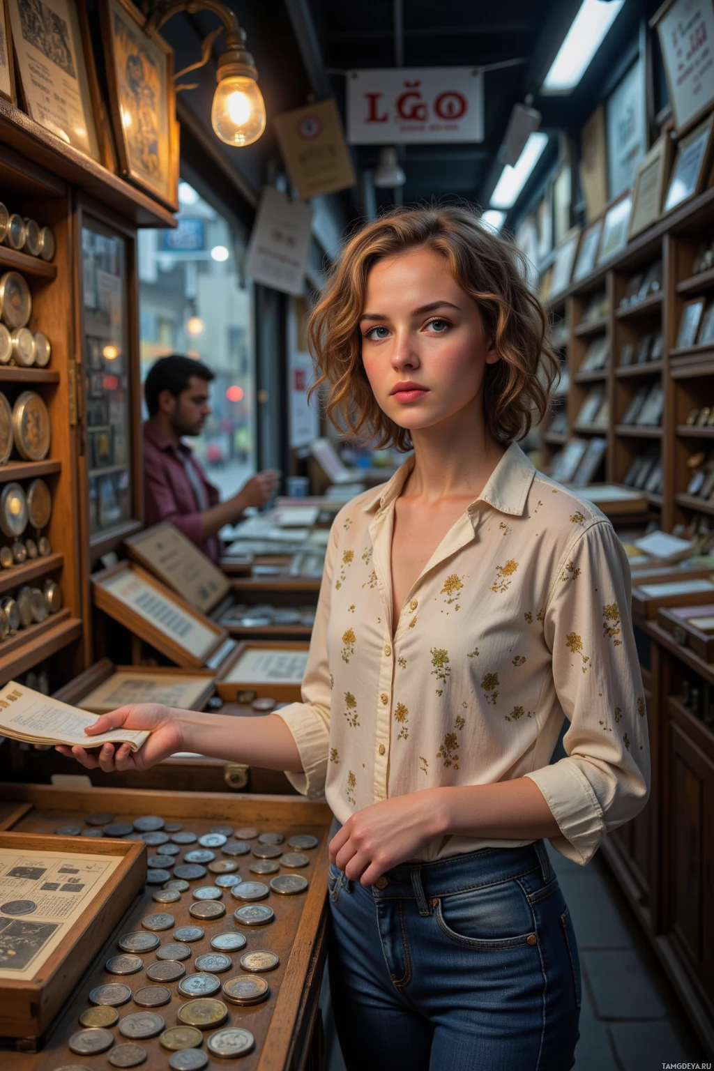 A person stands in an antique shop surrounded by shelves filled with coins and books.