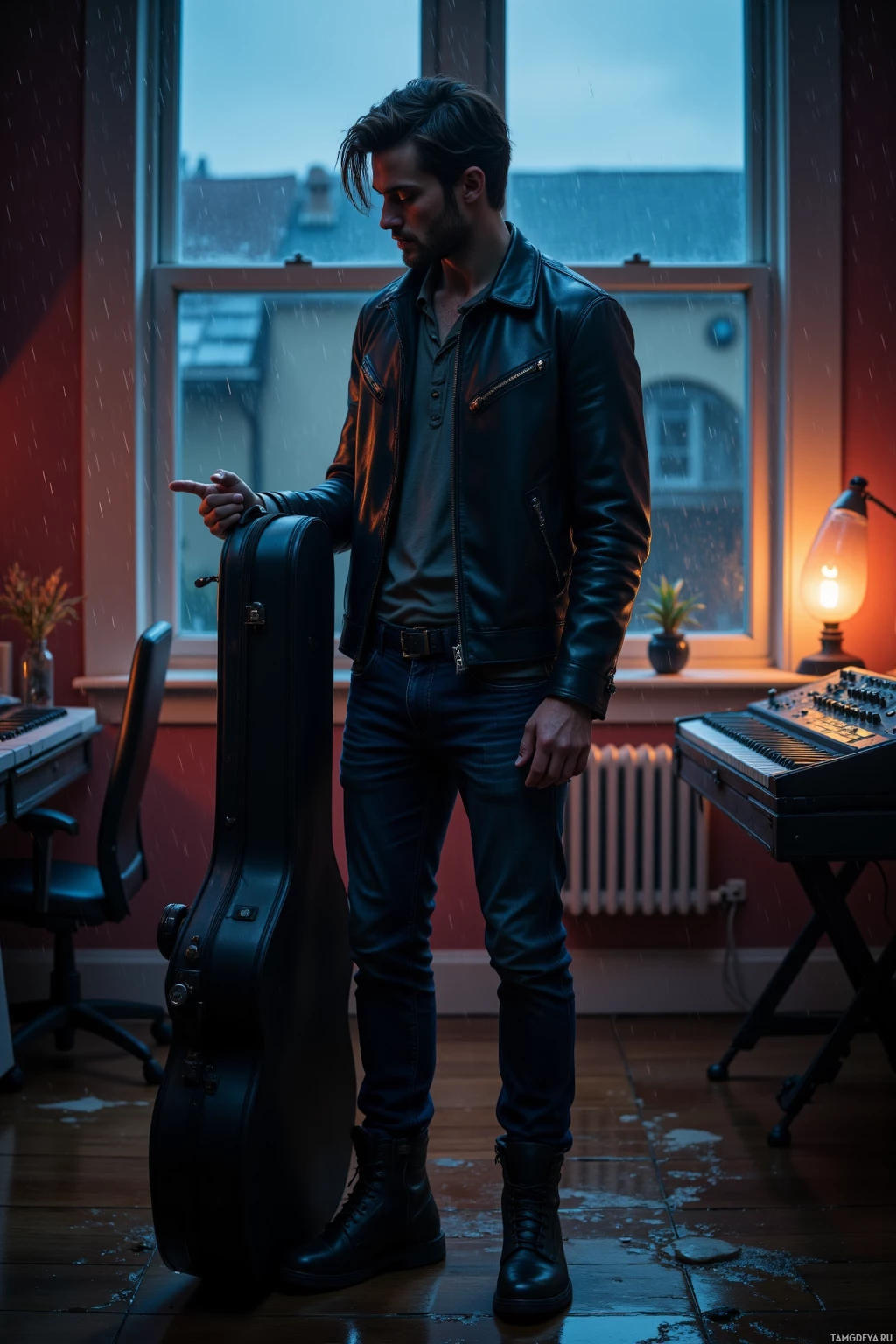 A person stands indoors holding a guitar case, with a window showing a rainy scene outside.