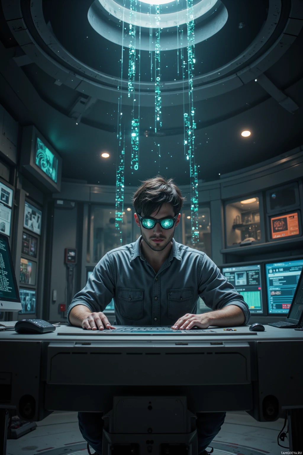 A person wearing reflective glasses is seated at a desk in a futuristic control room with glowing data streams falling from the ceiling.