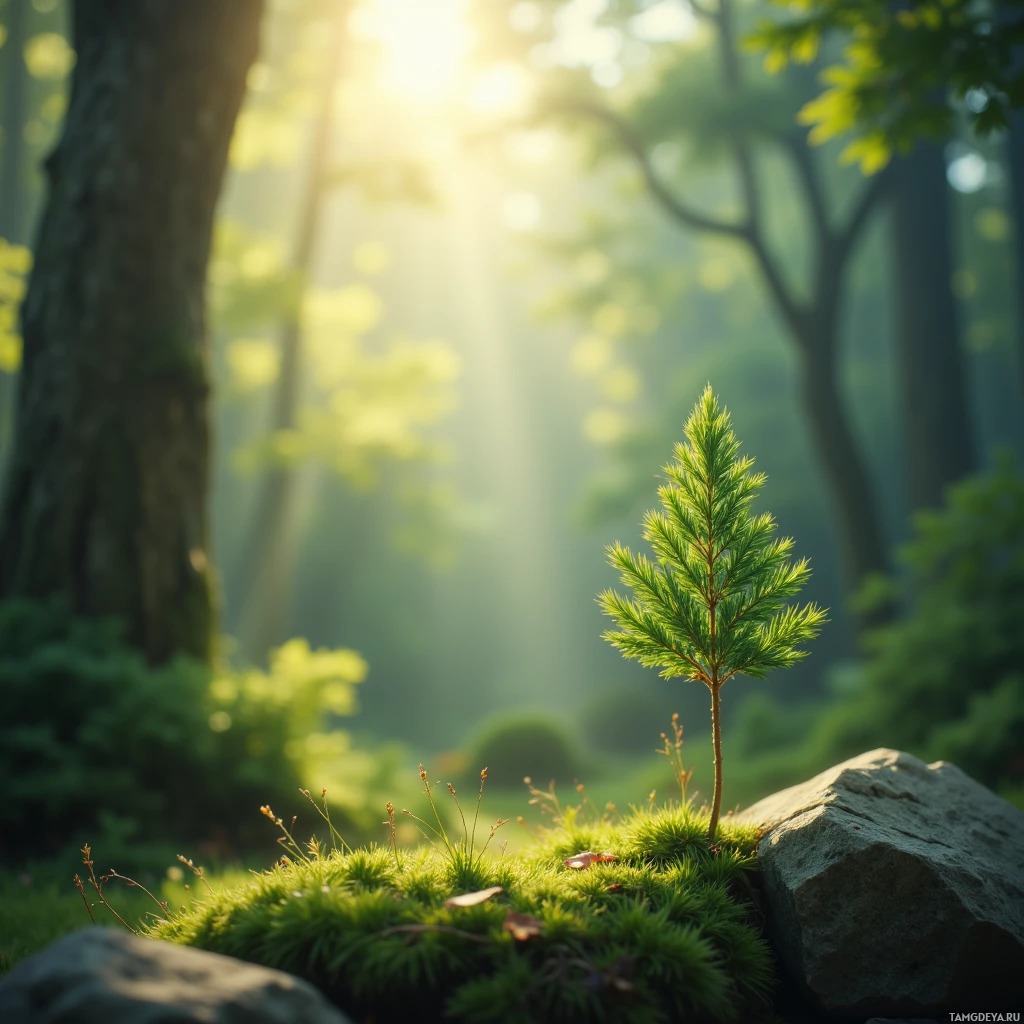 A small tree grows amidst moss and rocks in a forest bathed in sunlight.