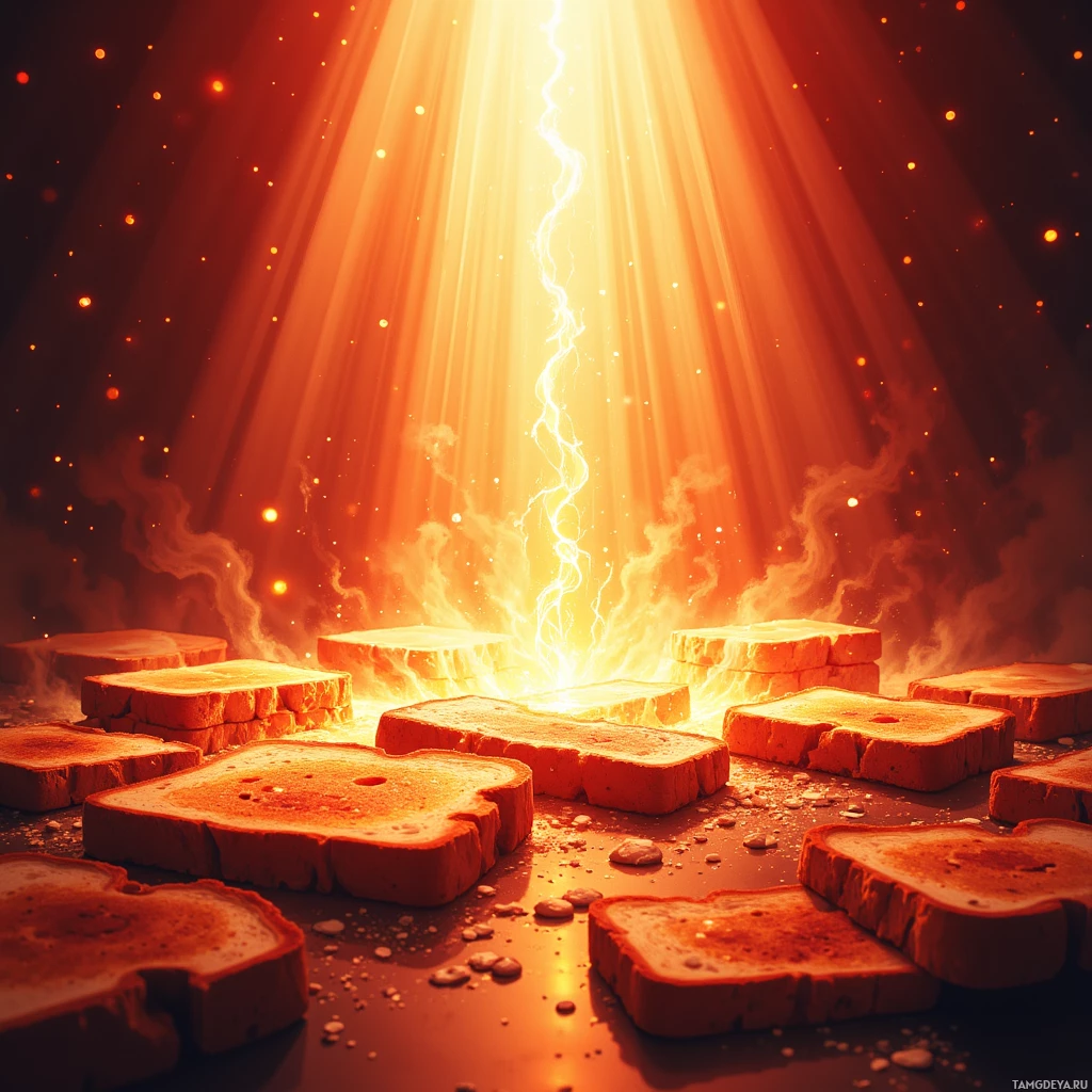 A glowing scene with slices of toasted bread arranged on a surface, illuminated by radiant light beams and surrounded by small particles in the air.